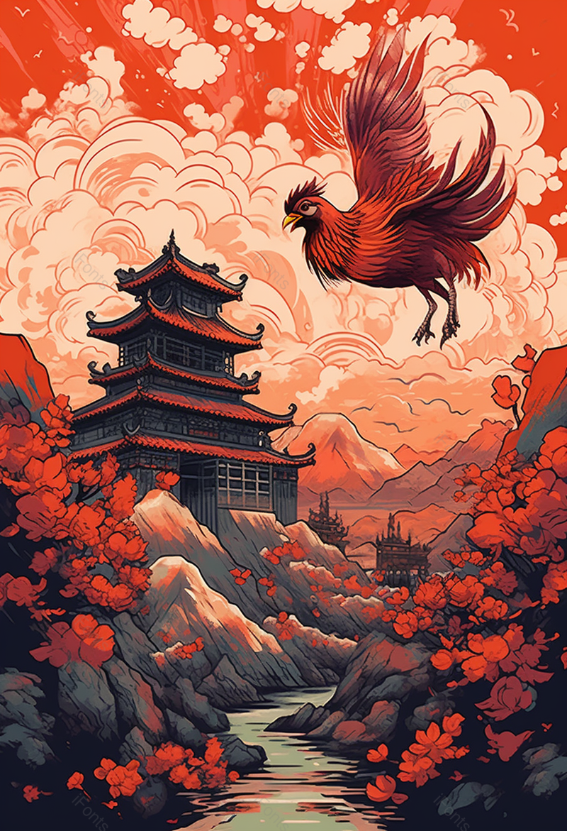 中国风红色古代建筑金鸡报喜手绘插画,插画/手绘图,插画/手绘图库,插画/手绘图下载,插画/手绘